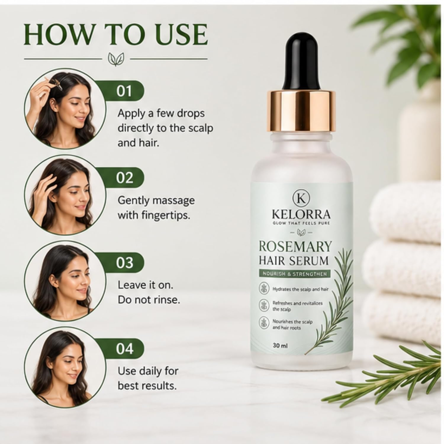 Kelorra Rosemary Hair Serum | Lightweight Scalp Serum with Rosemary | Daily Hair Care Formula | Suitable for All Hair Types | Dropper Bottle | 30 ml