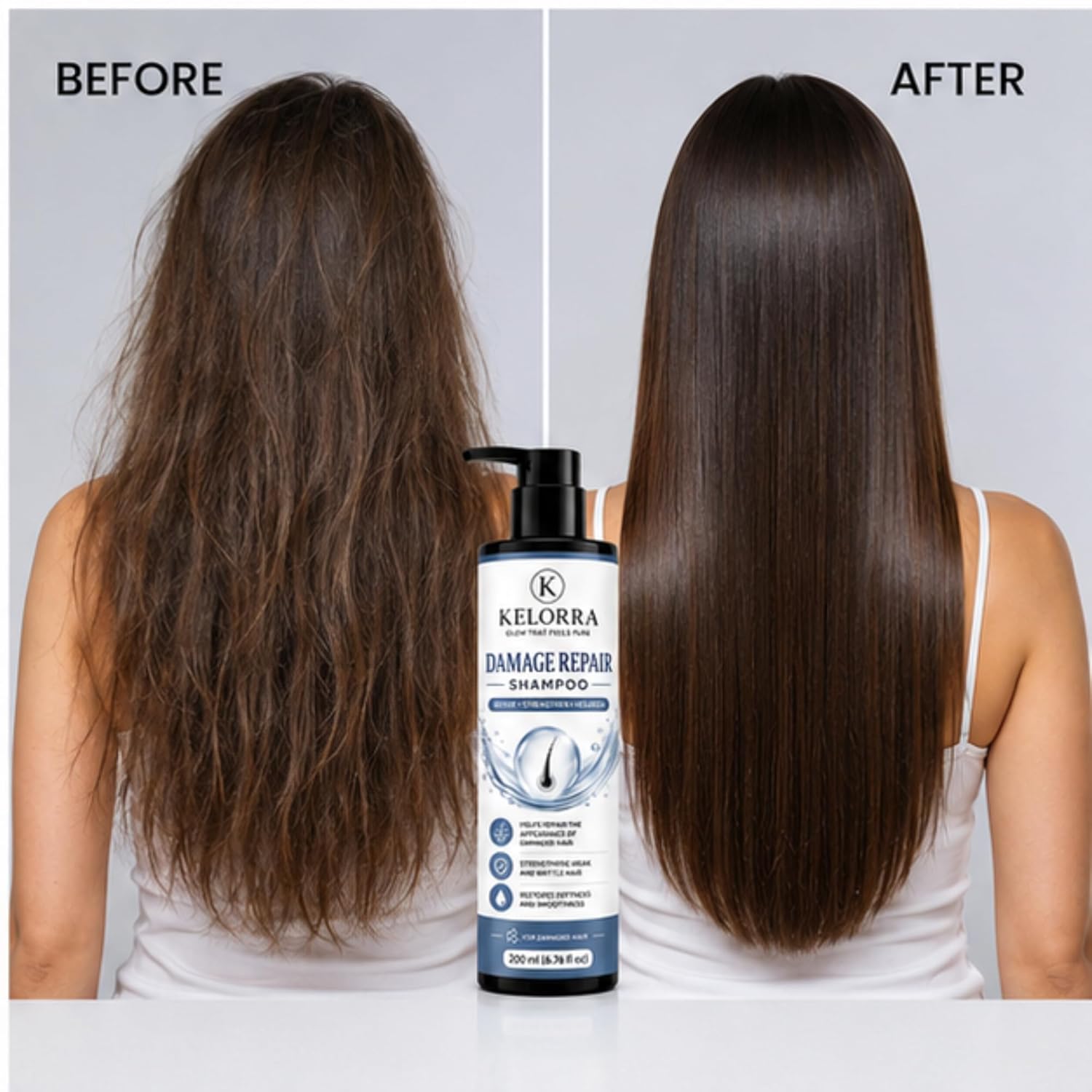 Kelorra Damage Repair Shampoo | Daily Hair Cleansing Shampoo for Damaged Hair | Lightweight Nourishing Formula | Suitable for All Hair Types | Pump Bottle | 200 ml