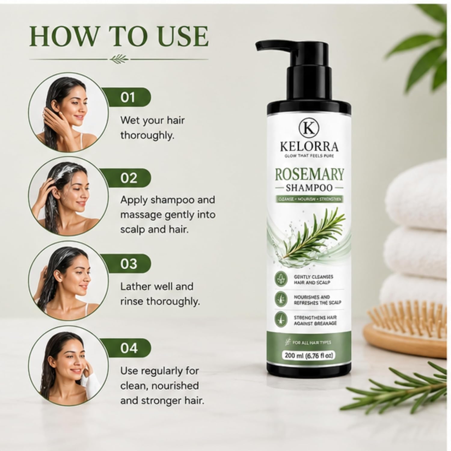 Kelorra Rosemary Shampoo | Daily Hair Cleansing Shampoo with Rosemary | Refreshing Hair & Scalp Care Formula | Suitable for All Hair Types | Pump Bottle | 200 ml