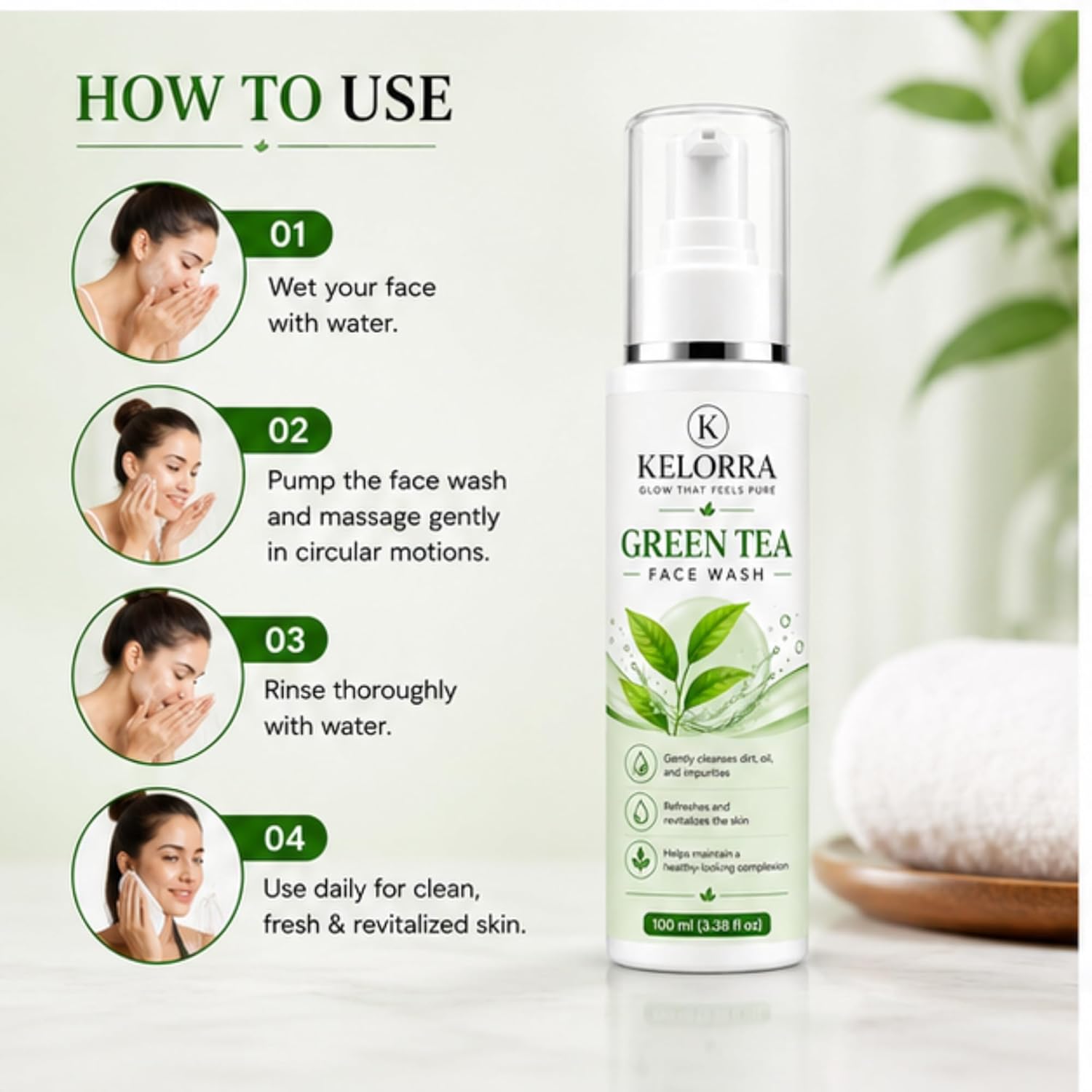 Kelorra Green Tea Face Wash | Daily Facial Cleanser with Green Tea | Refreshing Face Wash for Oily, Combination & Normal Skin | Lightweight Cleansing Formula | Pump Bottle | 100 ml