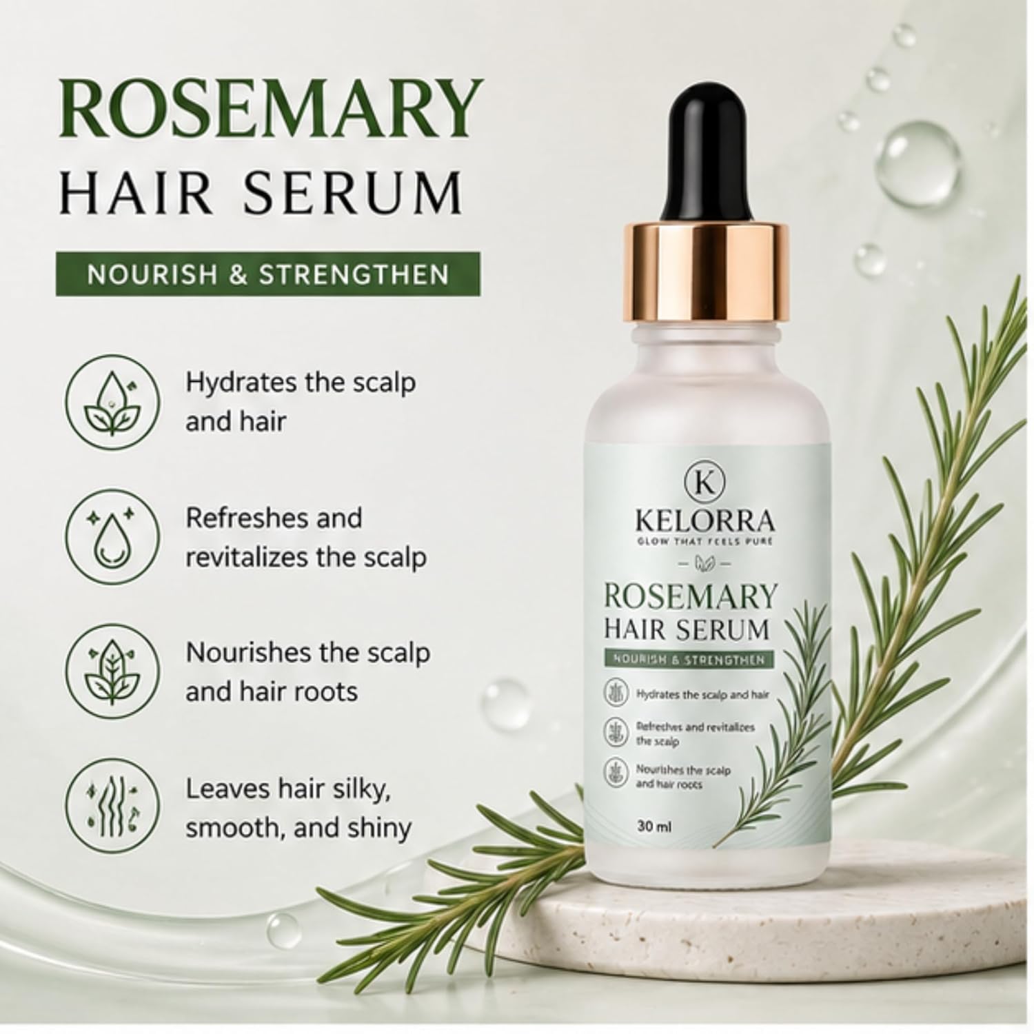 Kelorra Rosemary Hair Serum | Lightweight Scalp Serum with Rosemary | Daily Hair Care Formula | Suitable for All Hair Types | Dropper Bottle | 30 ml