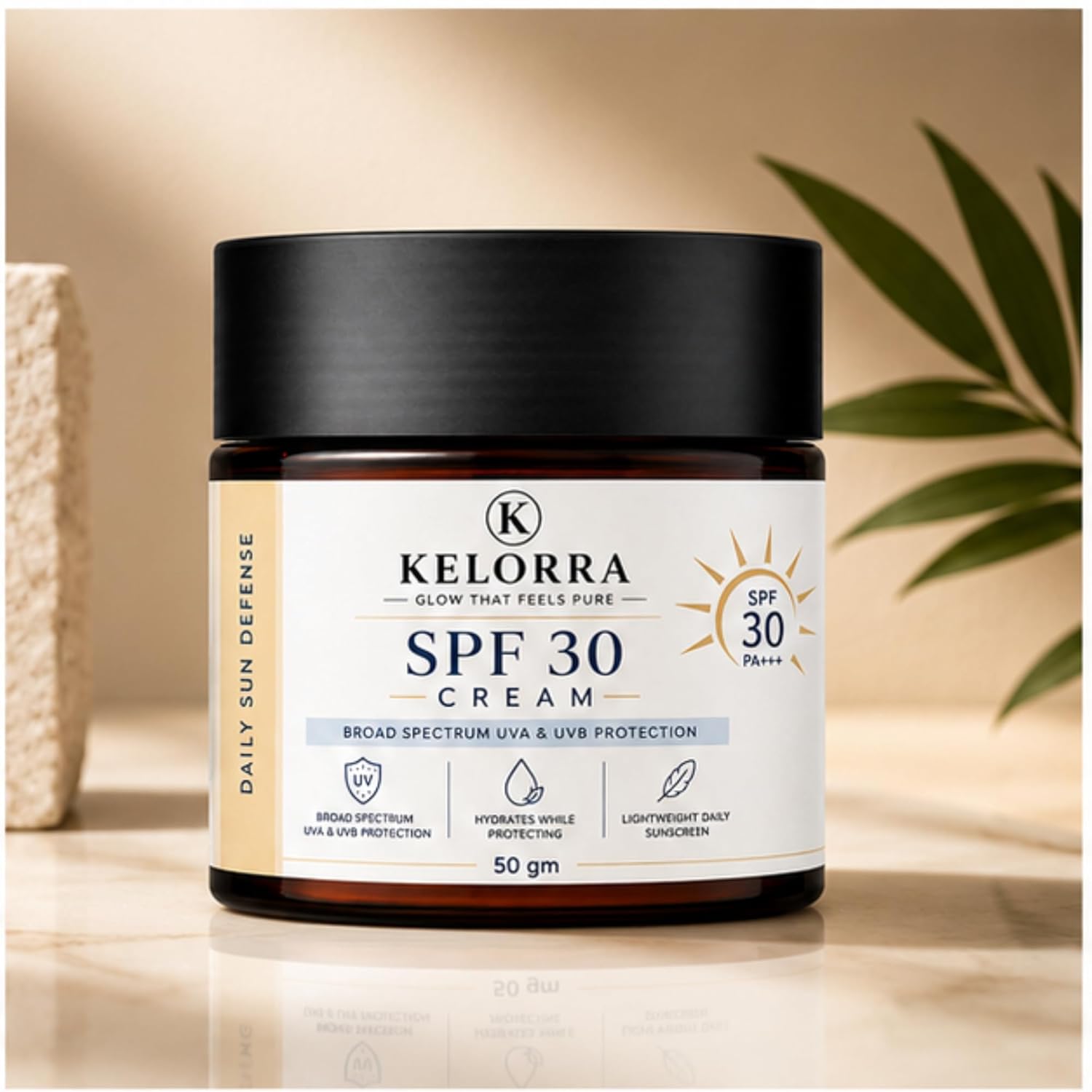 Kelorra SPF 30 Cream PA+++ | Broad Spectrum UVA & UVB Protection Cream | Lightweight Daily Sun Defense Moisturizing | Hydrating Formula for All Skin Types | 50 gm