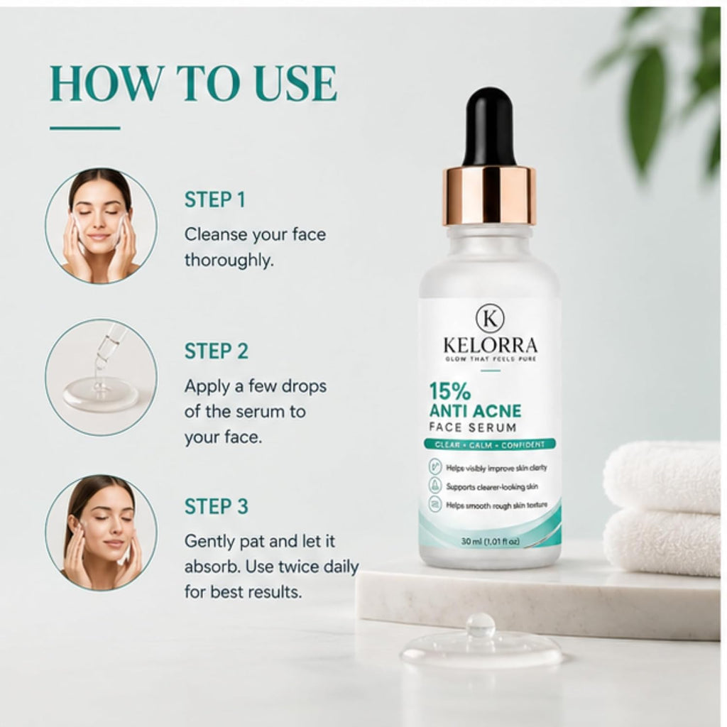 Kelorra 15% Anti Acne Face Serum | Lightweight Daily Skincare Serum | Clear & Calm Facial Care Formula | Suitable for Oily & Acne-Prone Skin | Dropper Bottle | 30 ml