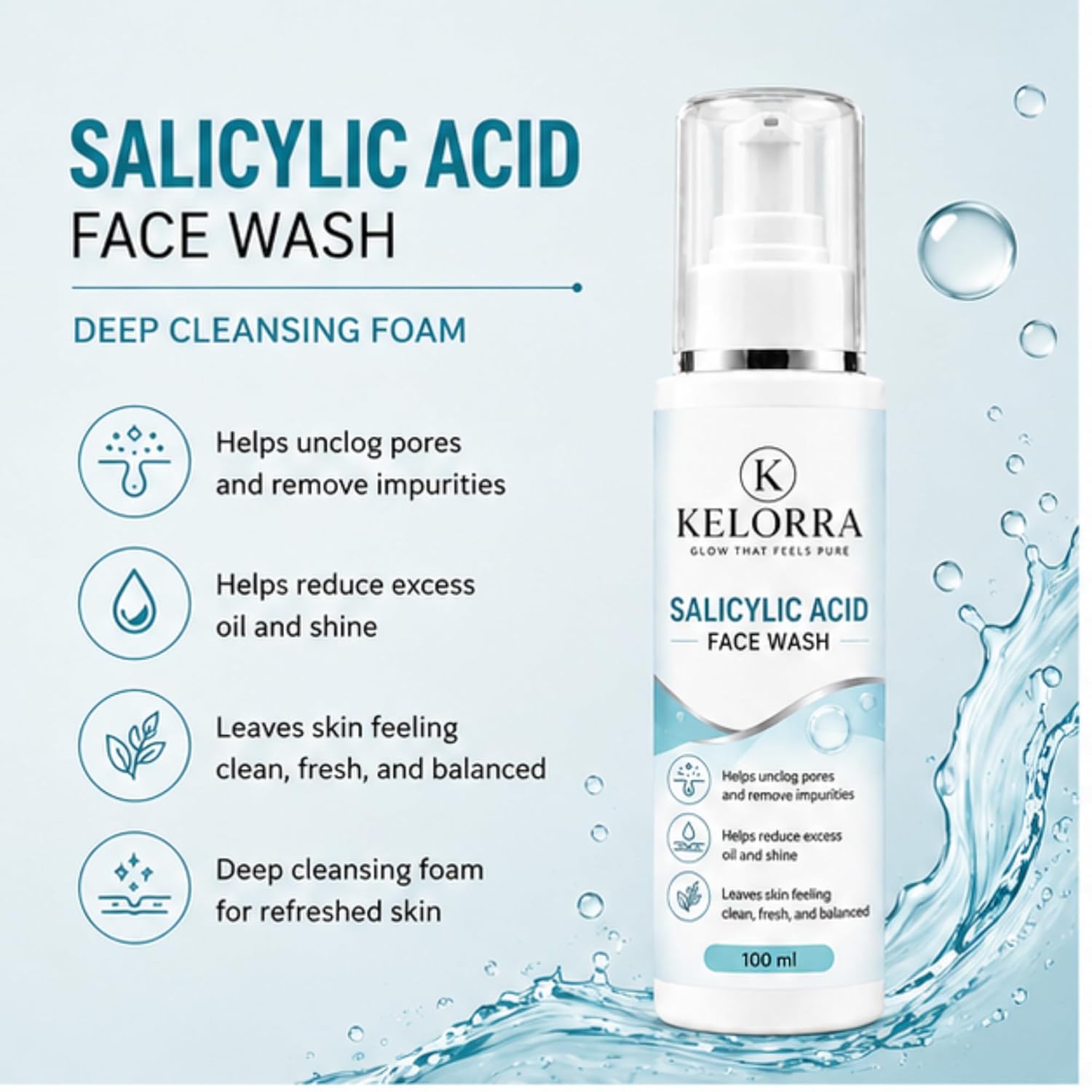 Kelorra 1% Salicylic Acid Face Wash | Daily Deep Cleansing Facial Cleanser | Helps Remove Dirt, Oil & Impurities | Refreshing Face Wash for Oily & Combination Skin | 100 ml