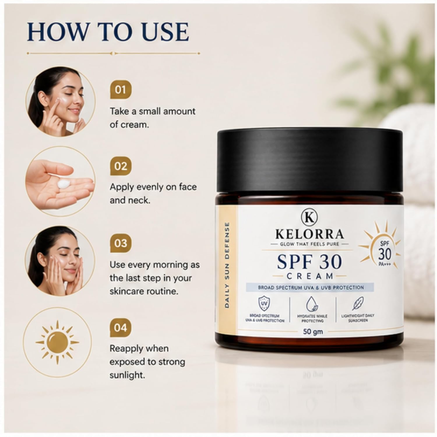 Kelorra SPF 30 Cream PA+++ | Broad Spectrum UVA & UVB Protection Cream | Lightweight Daily Sun Defense Moisturizing | Hydrating Formula for All Skin Types | 50 gm