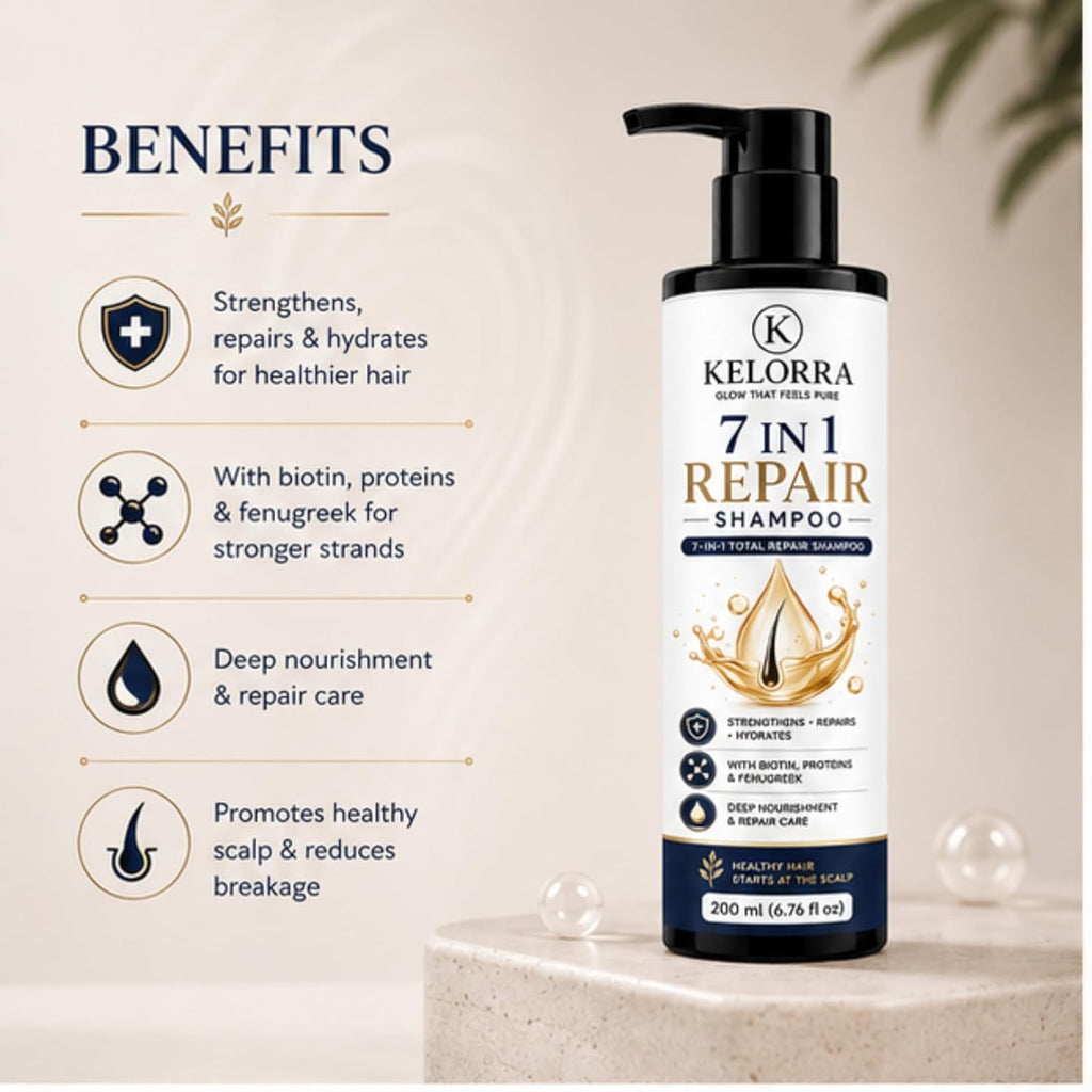 Kelorra 7 in 1 Repair Shampoo with Biotin, Proteins & Fenugreek | Daily Hair Cleansing Shampoo | Suitable for All Hair Types | Pump Bottle | 200 ml