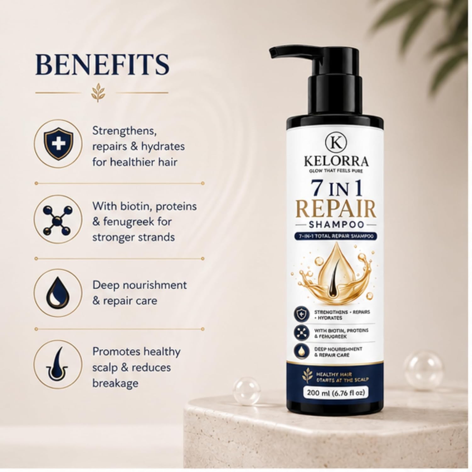 Kelorra 7 in 1 Repair Shampoo with Biotin, Proteins & Fenugreek | Daily Hair Cleansing Shampoo | Suitable for All Hair Types | Pump Bottle | 200 ml