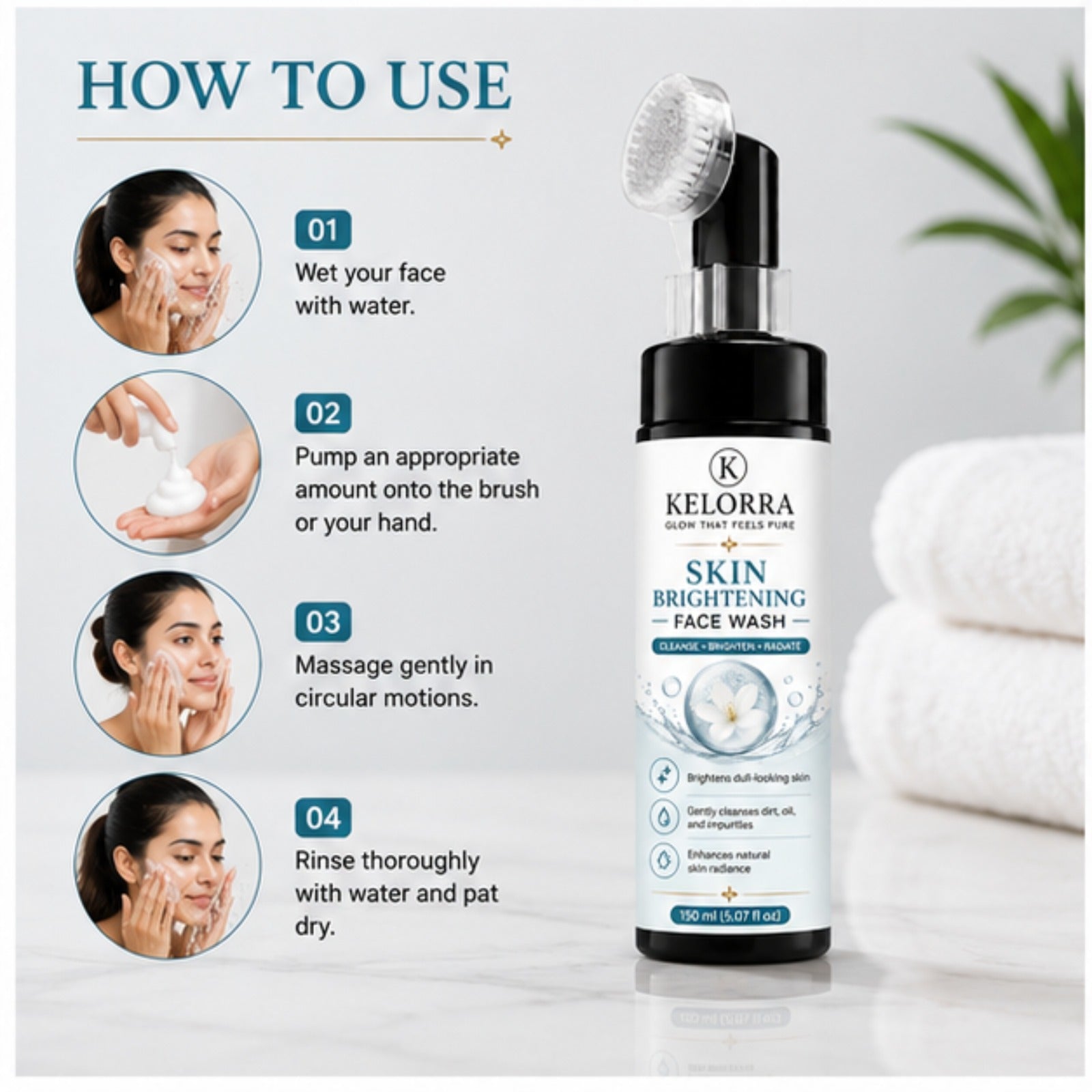 Kelorra Skin Brightening Face Wash with Soft Silicone Applicator Brush | Deep Cleansing Foaming Face Wash | Daily Facial Cleanser for Dull-Looking Skin | Refreshing Face Care | 150 ml
