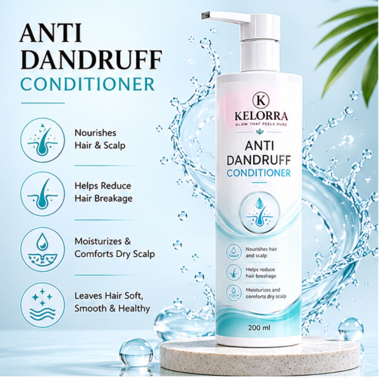 Kelorra Anti Dandruff Conditioner | Daily Hair Conditioner for Scalp & Hair Care | Lightweight Conditioning Formula | Suitable for All Hair Types | Pump Bottle | 200 ml