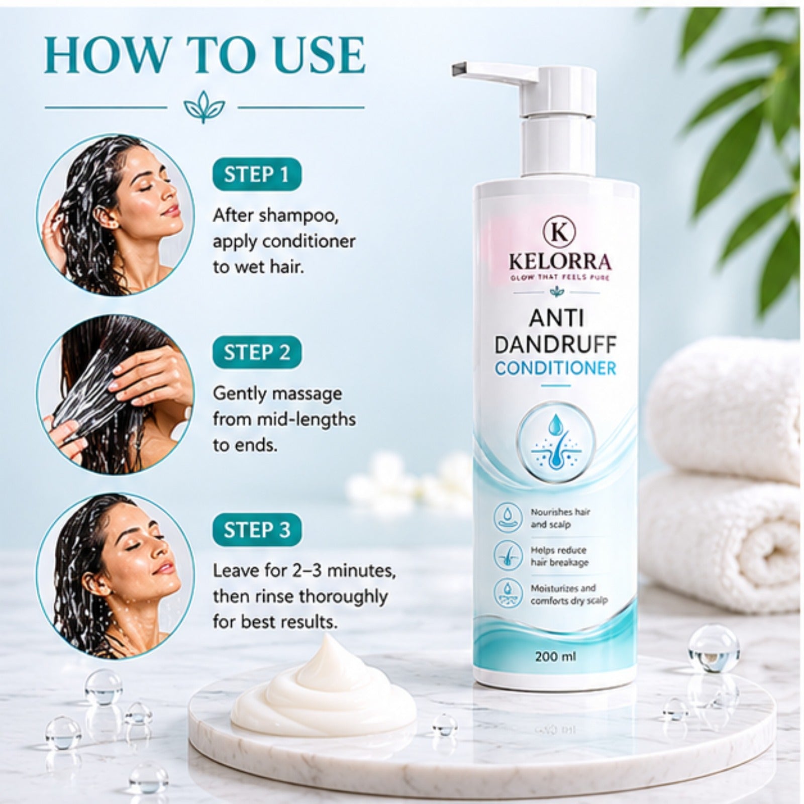 Kelorra Anti Dandruff Conditioner | Daily Hair Conditioner for Scalp & Hair Care | Lightweight Conditioning Formula | Suitable for All Hair Types | Pump Bottle | 200 ml