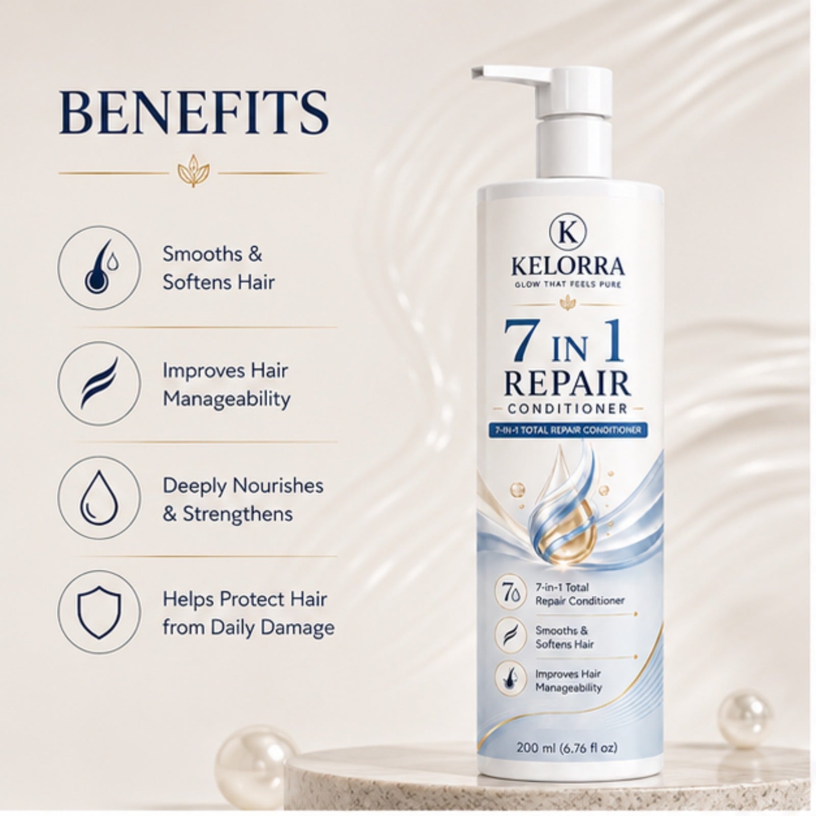 Kelorra 7 in 1 Repair Conditioner | Daily Hair Conditioner for Smooth & Manageable Hair | Lightweight Nourishing Formula | Suitable for All Hair Types | Pump Bottle | 200 ml