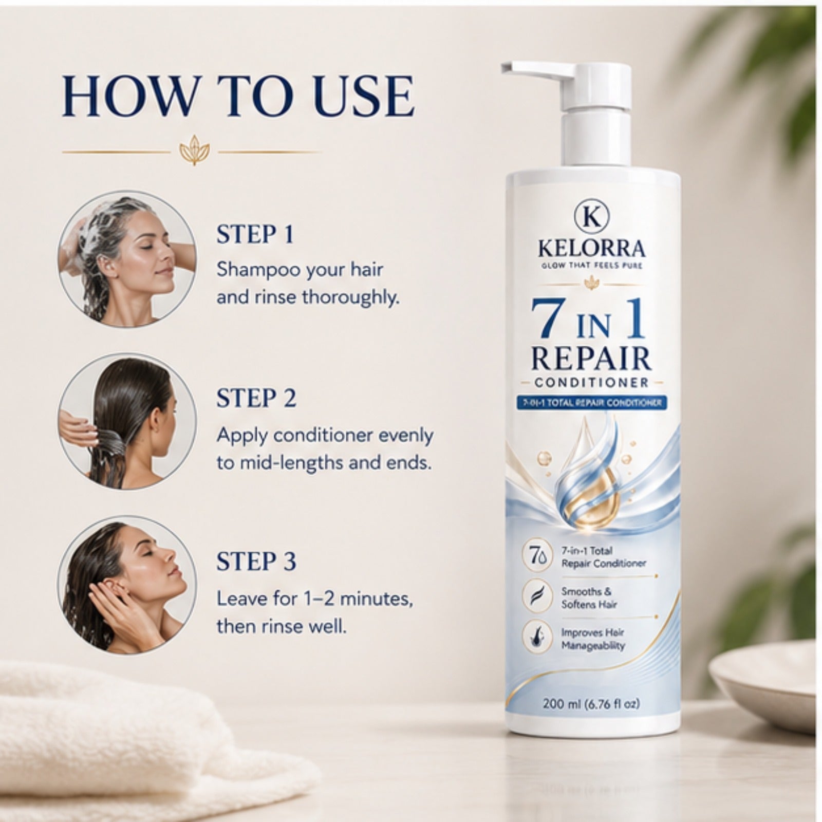 Kelorra 7 in 1 Repair Conditioner | Daily Hair Conditioner for Smooth & Manageable Hair | Lightweight Nourishing Formula | Suitable for All Hair Types | Pump Bottle | 200 ml